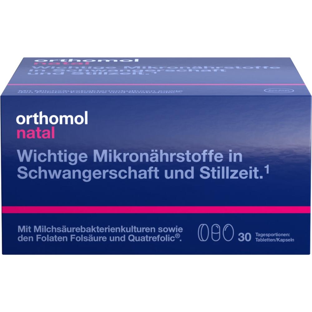 Blaue Packung mit Mikronährstoffen für Schwangerschaft und Stillzeit.