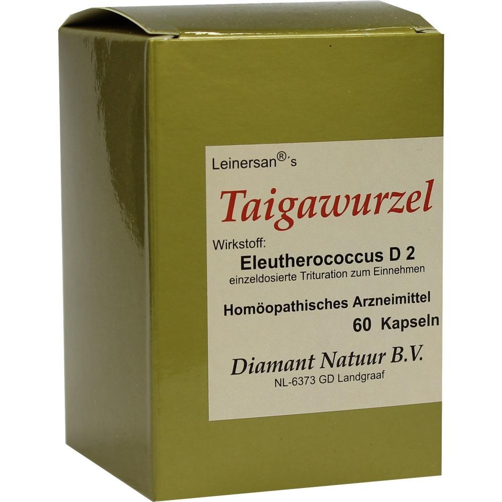Eine grüne Packung mit homöopathischen Taigawurzel-Kapseln.