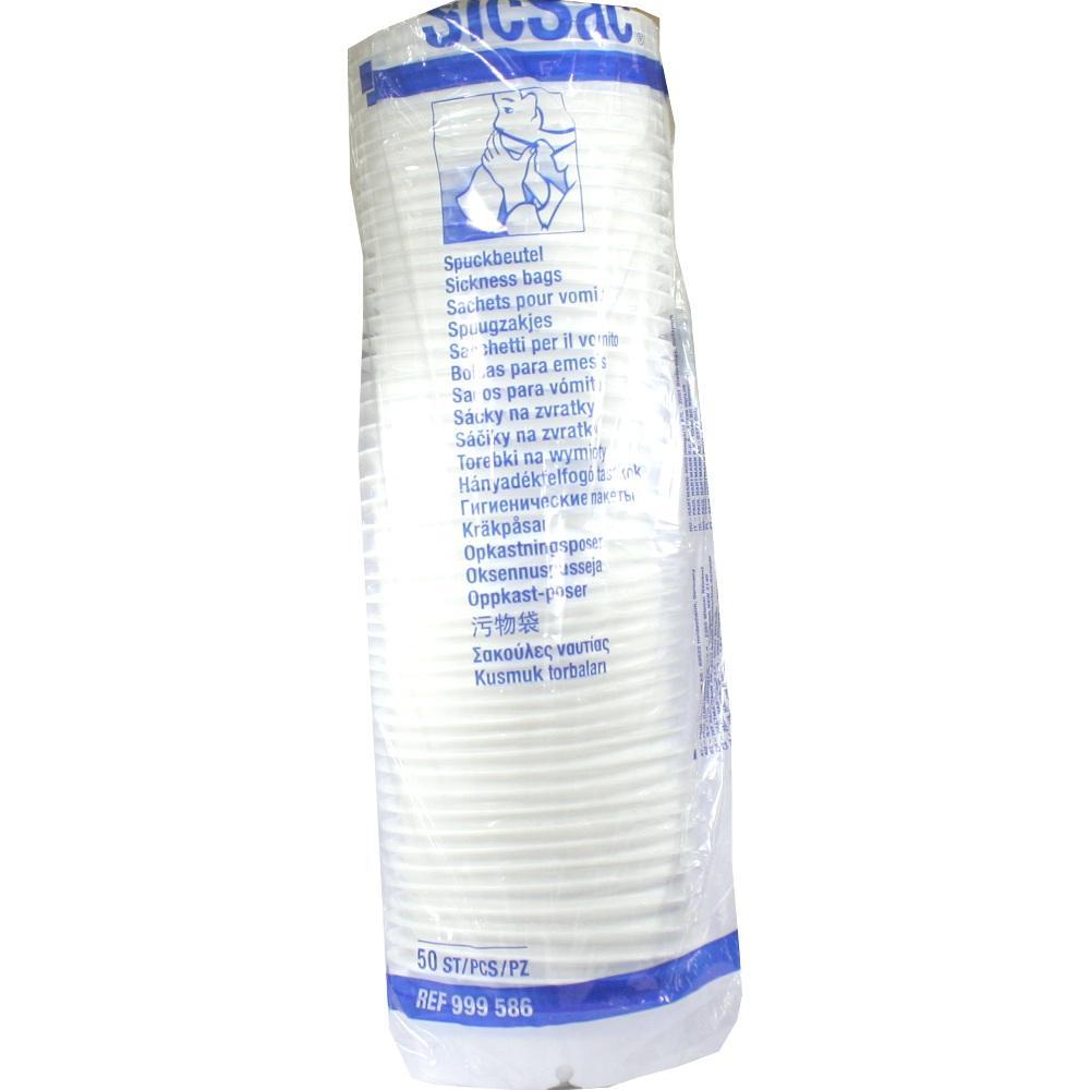 Ein B&uuml;ndel mit wei&szlig;en Spuckbeuteln in einer durchsichtigen Verpackung.