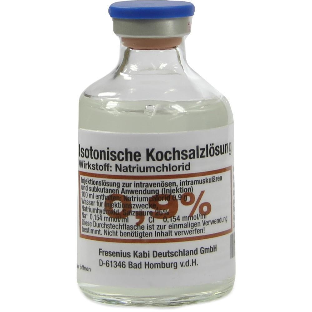 Flasche mit isotonischer Kochsalzl&ouml;sung zur Injektion.
