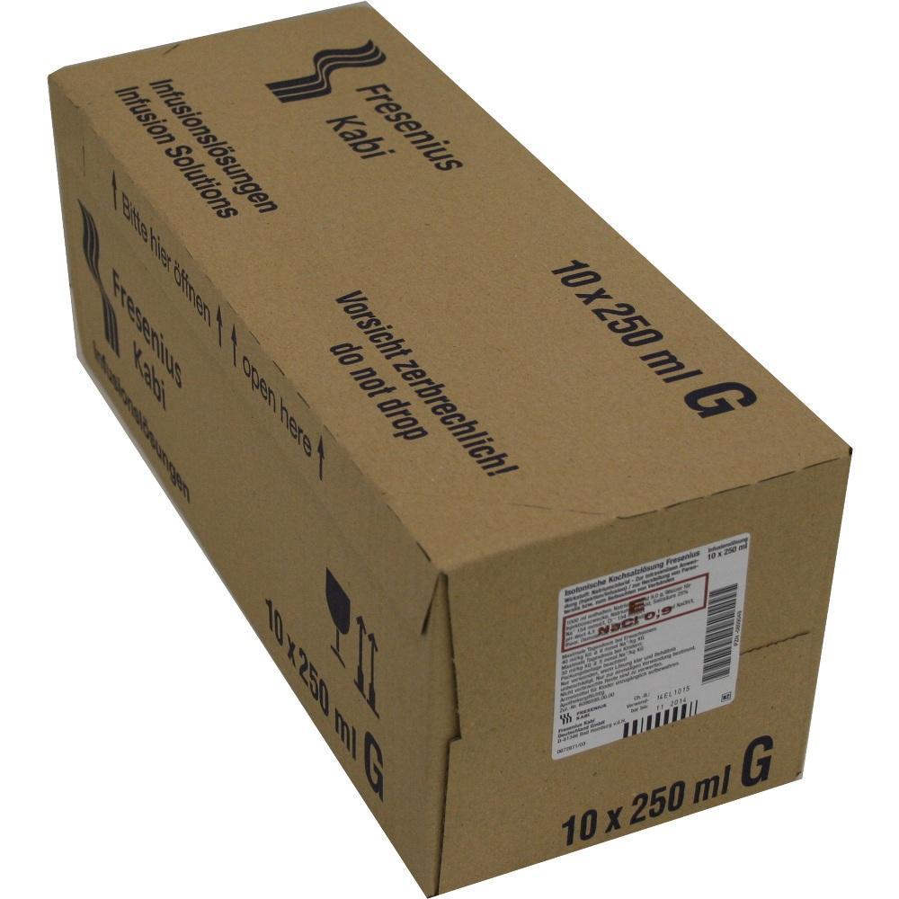 Brauner Karton mit der Aufschrift "Fresenius Kabi" und "10 x 250 ml G".