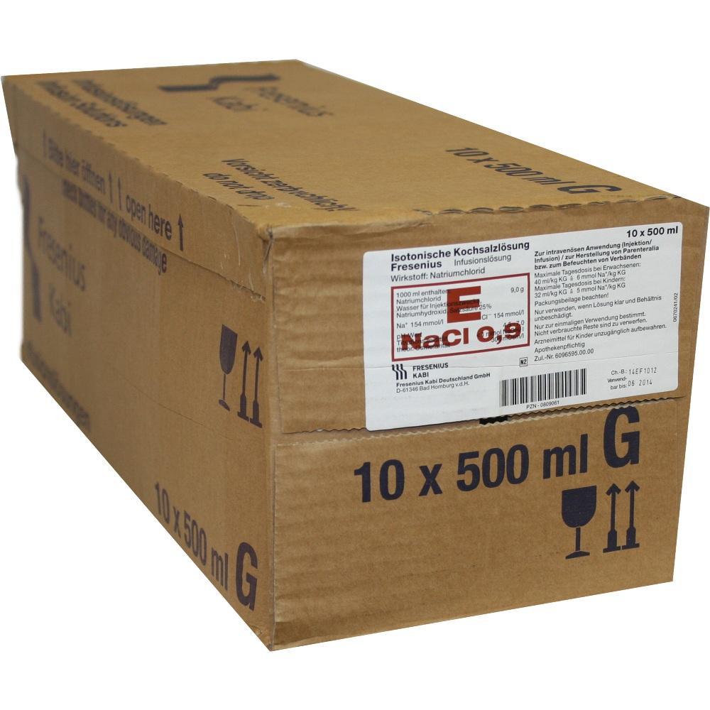 Ein brauner Karton mit Kochsalzl&ouml;sung-Paketen steht auf einer wei&szlig;en Fl&auml;che.
