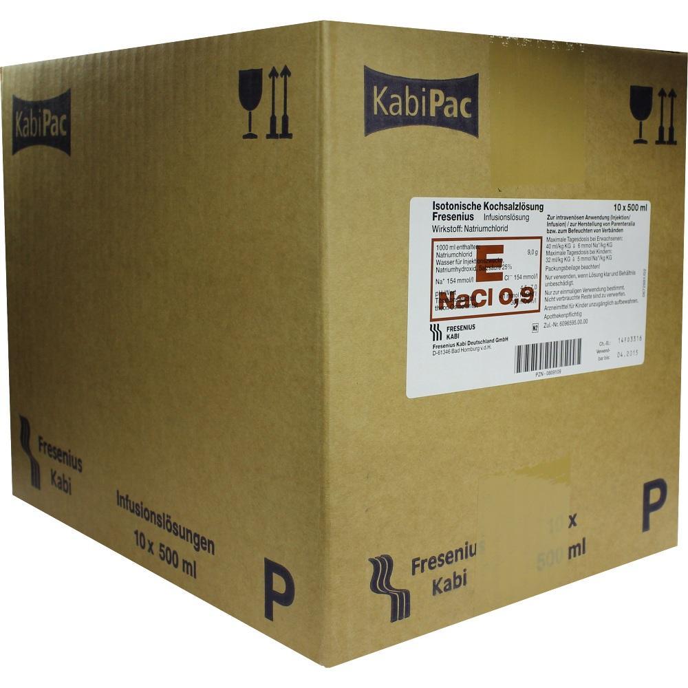 Karton mit isotonischer Kochsalzl&ouml;sung von Fresenius Kabi, 10 Flaschen &agrave; 500 ml.