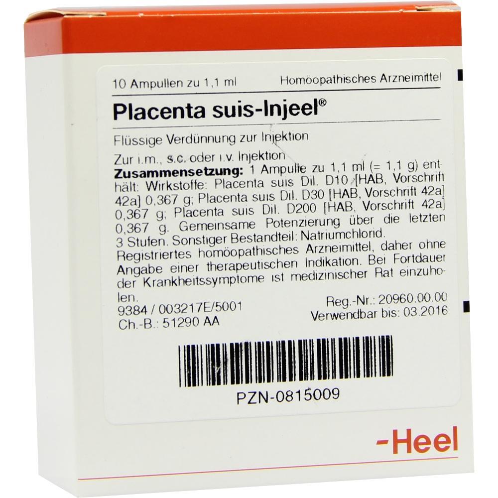 Ein weißer Karton mit rotem Rand zeigt das Medikament "Placenta suis-Injeel".