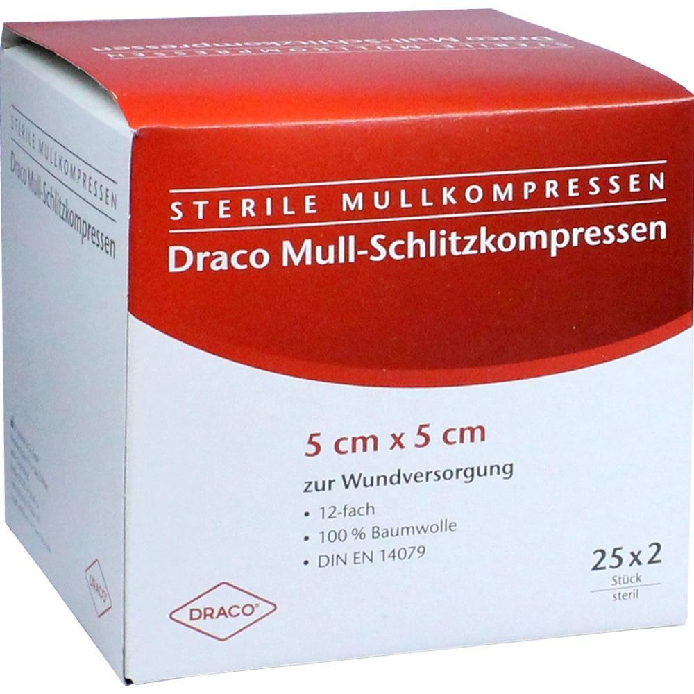 Packung mit sterilen Mullkompressen zur Wundversorgung, Gr&ouml;&szlig;e 5 cm x 5 cm.