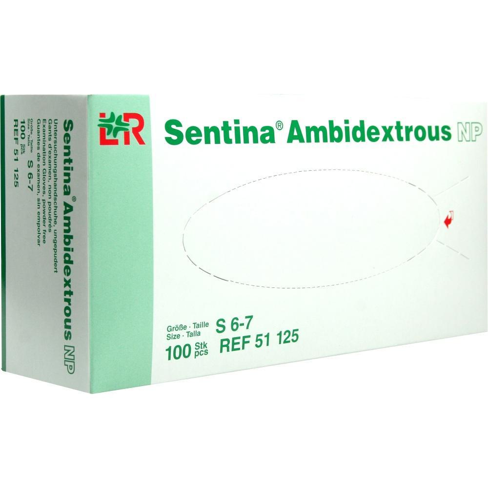 Eine gr&uuml;ne Box mit dem Text "Sentina Ambidextrous NP" und Gr&ouml;&szlig;enangabe "S 6-7".