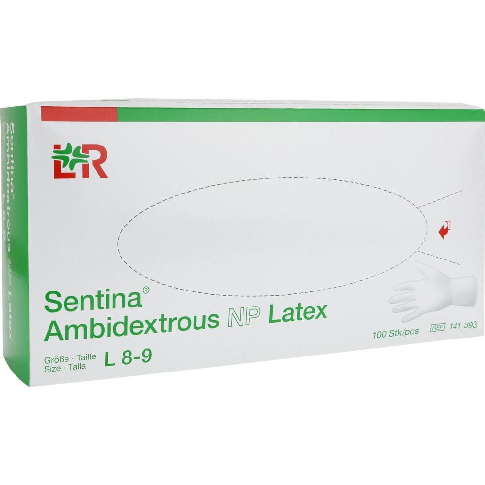 Eine wei&szlig;e Schachtel mit Latexhandschuhen, Gr&ouml;&szlig;e L, von der Marke Sentina.