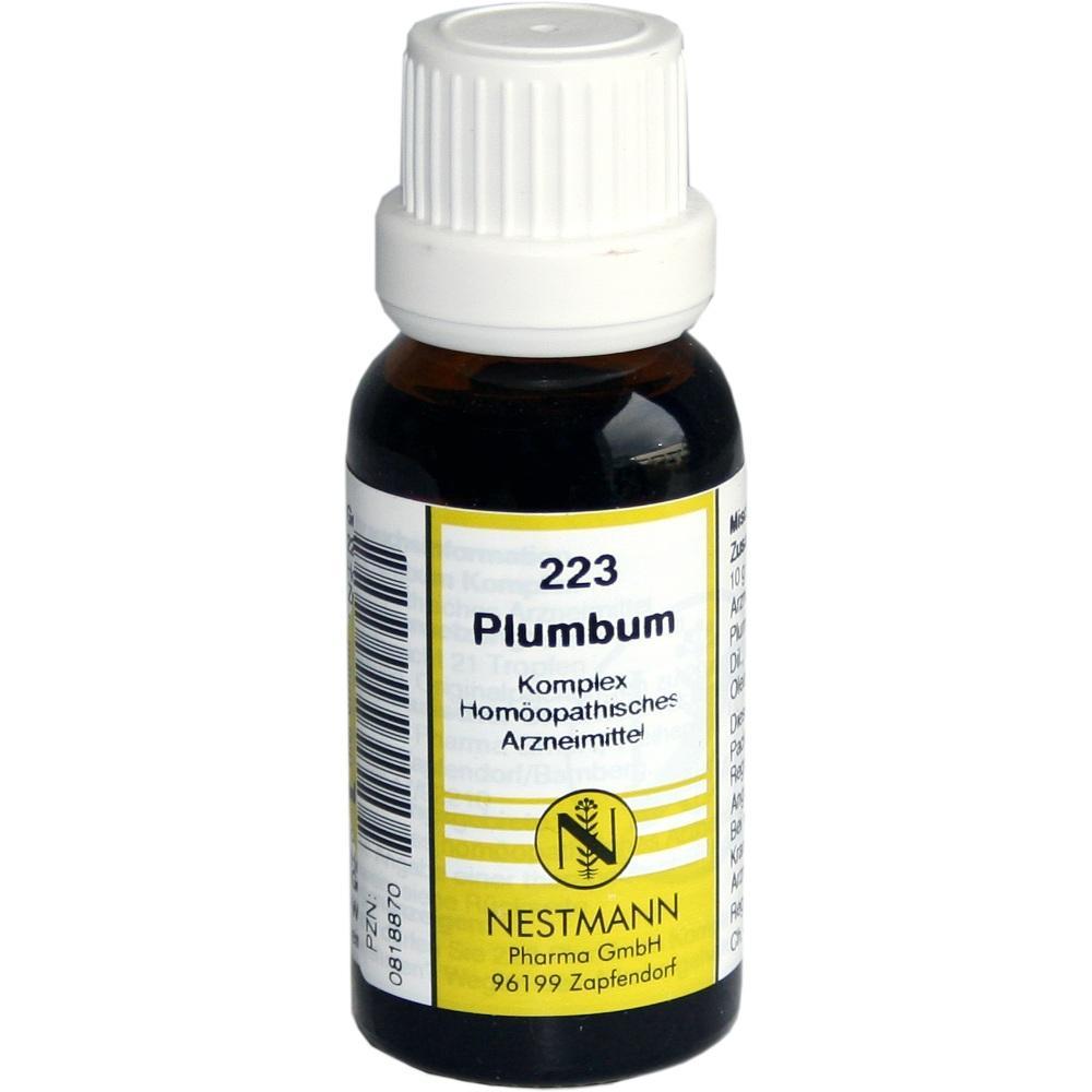 Braune Flasche mit wei&szlig;em Deckel, Etikett mit Aufschrift: "223 Plumbum, hom&ouml;opathisches Arzneimittel".