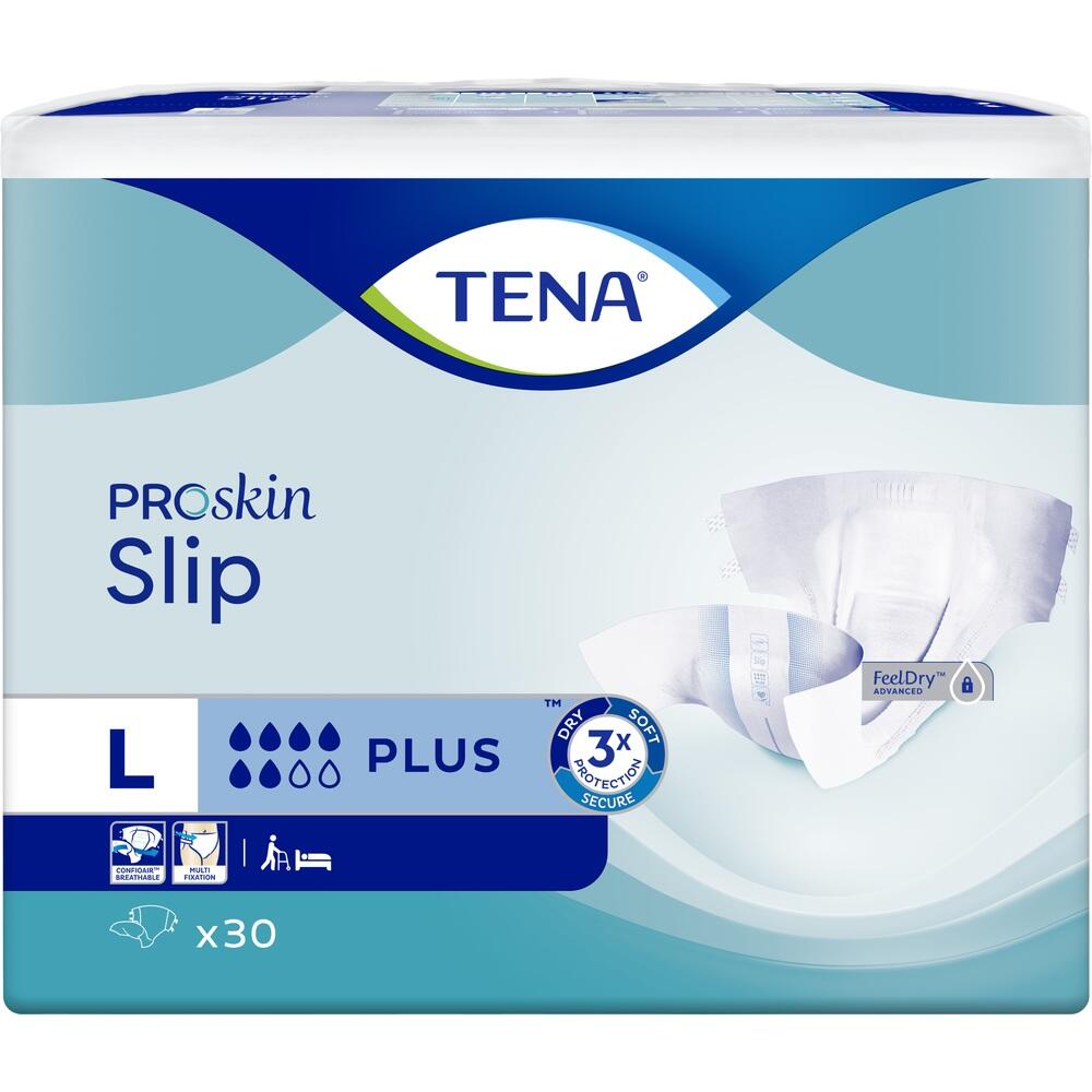 Verpackung von TENA ProSkin Slip Windeln in Größe L mit 30 Stück.