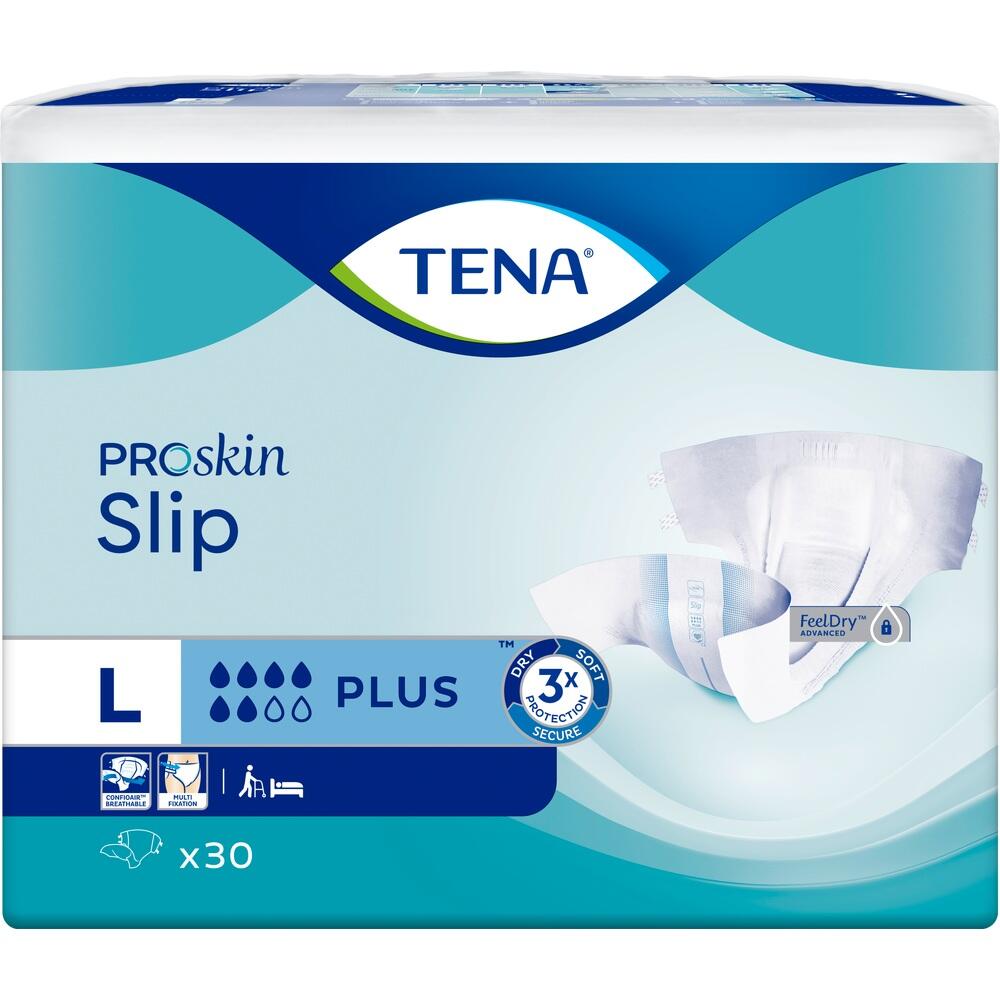 Eine Packung TENA Proskin Slip Windeln in Größe L.