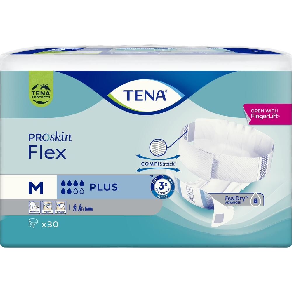 Packung von TENA PROskin Flex Windeln mit Abbildung eines Produktes.