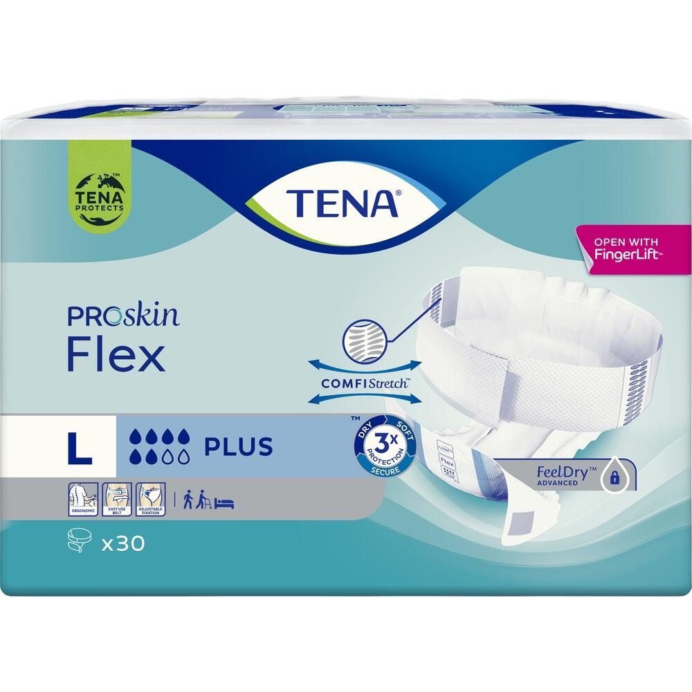 Verpackung von TENA ProSkin Flex, Inkontinenzprodukte Gr&ouml;&szlig;e L mit 30 St&uuml;ck.