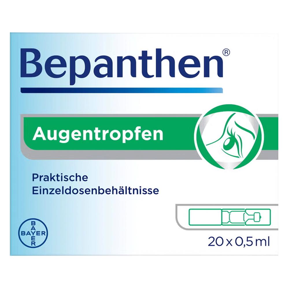 Verpackung von Bepanthen Augentropfen mit 20 Einzeldosen à 0,5 ml.