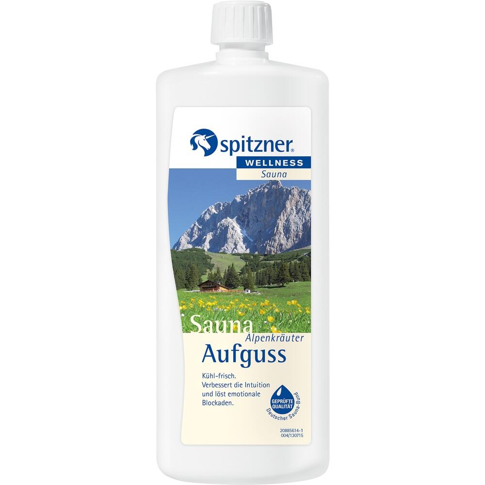 Wei&szlig;e Flasche mit Alpenkr&auml;uter-Saunaaufguss von Spitzner vor Bergkulisse.