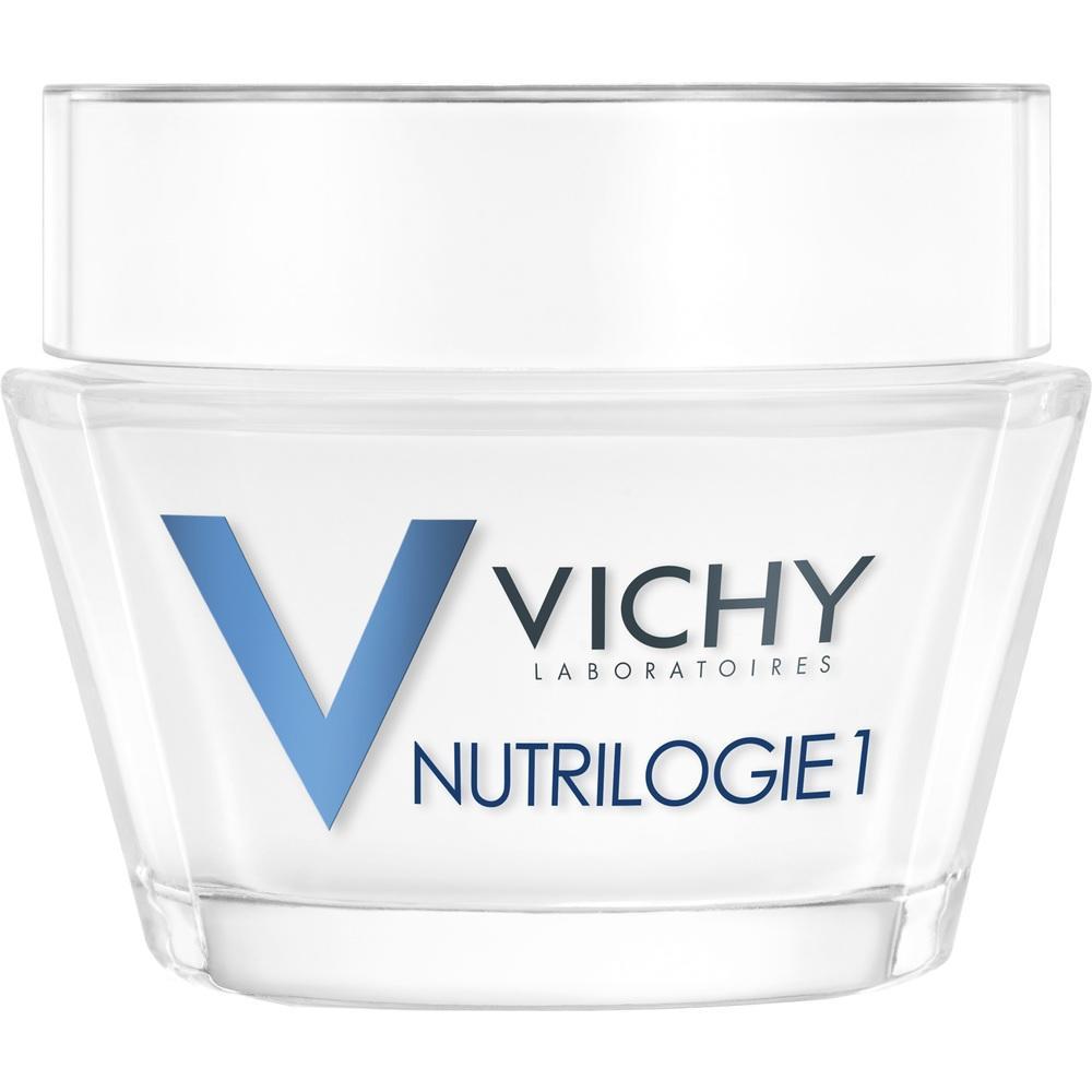 Ein weißer Creme-Tiegel mit der Aufschrift "Vichy Nutrilogie 1".