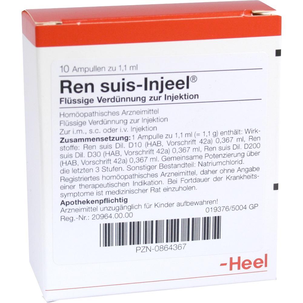 Ein Medikamentenpaket mit dem Namen "Ren suis-Injeel" zur Injektion ist abgebildet.