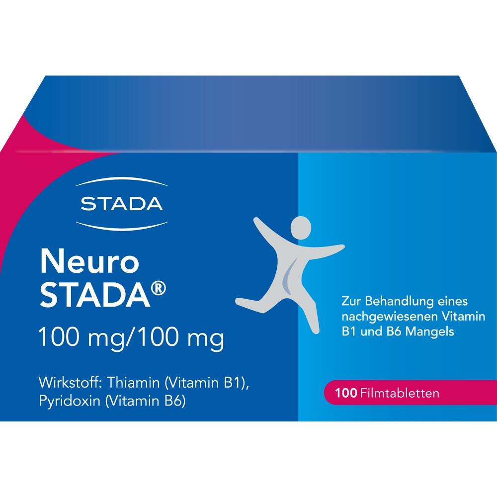 Blau-rote Medikamentenverpackung für Neuro Stada mit 100 Filmtabletten gegen Vitamin-B-Mangel.