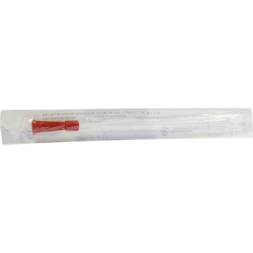 Ein Katheter in einer transparenten Verpackung mit rotem Griff.