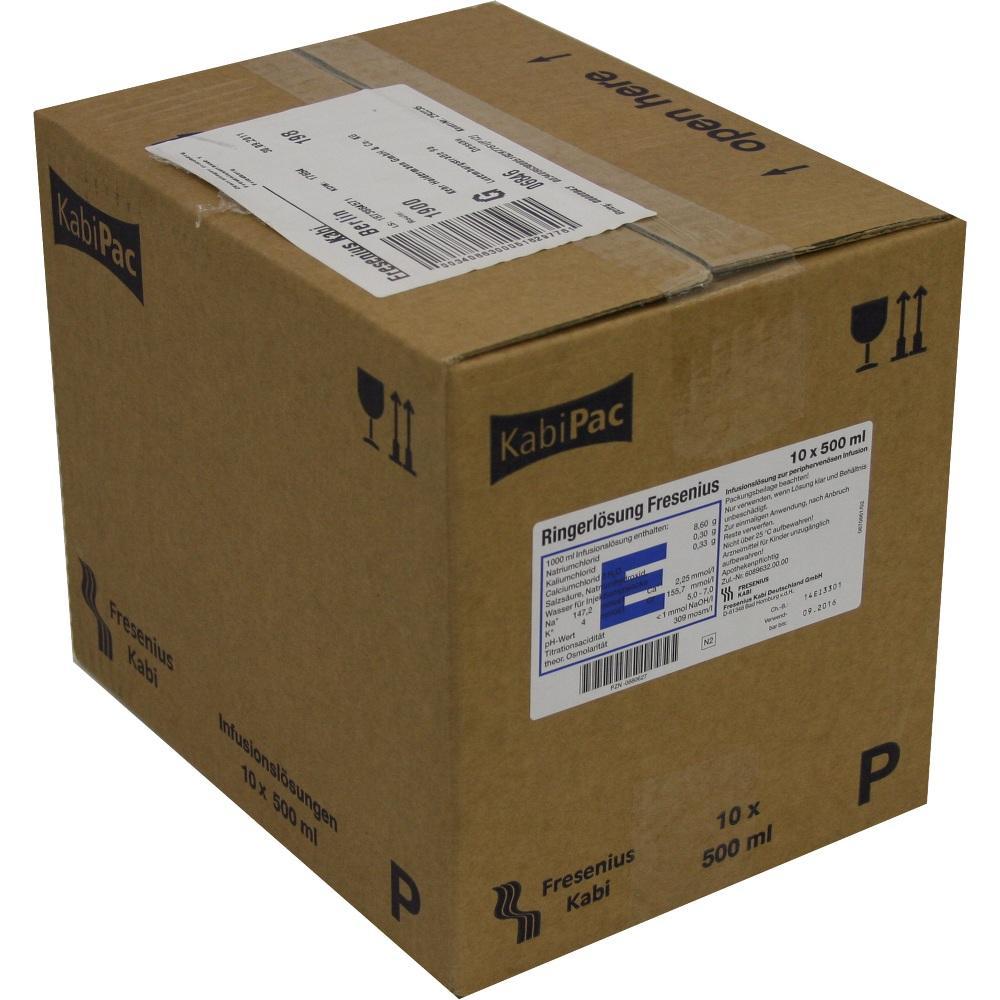 Brauner Karton mit Aufschrift "Ringerl&ouml;sung Fresenius" und Etikett auf der Seite.