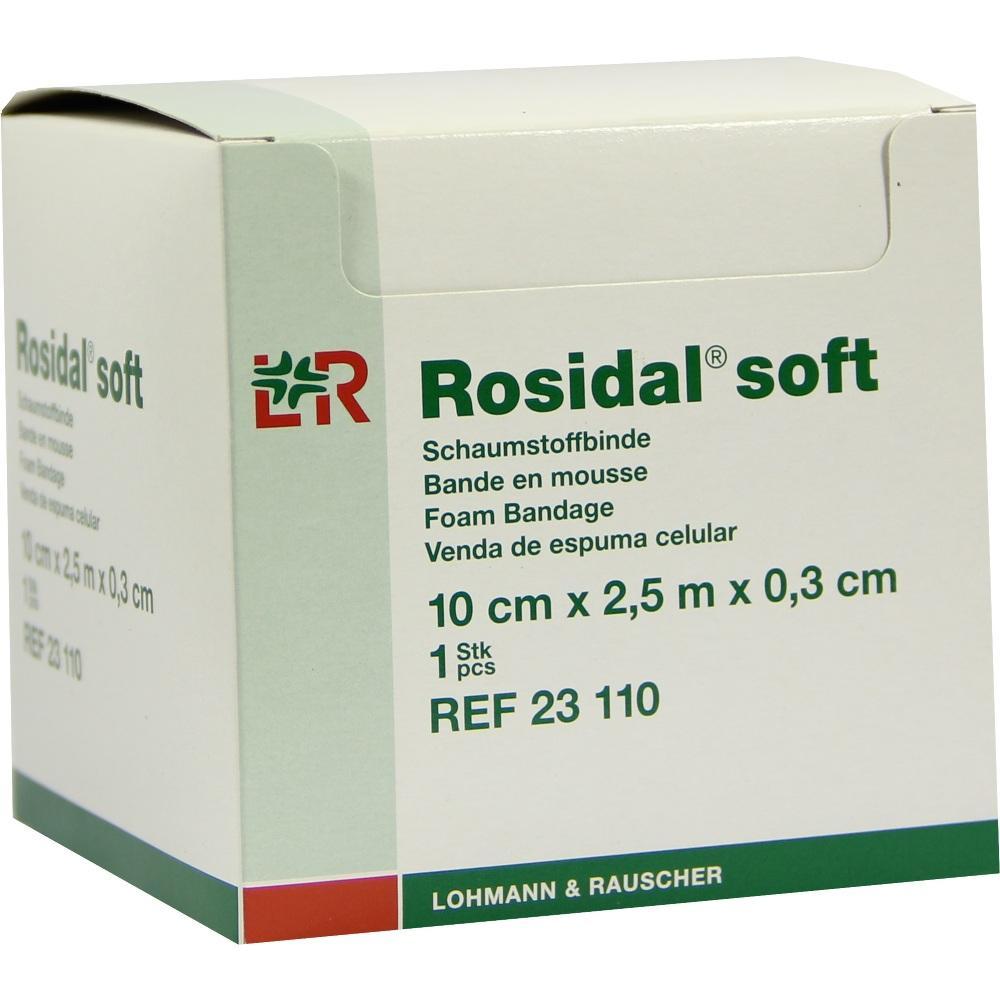 Eine Schachtel mit der Aufschrift &bdquo;Rosidal soft&ldquo; und Details zu einer Schaumstoffbinde.