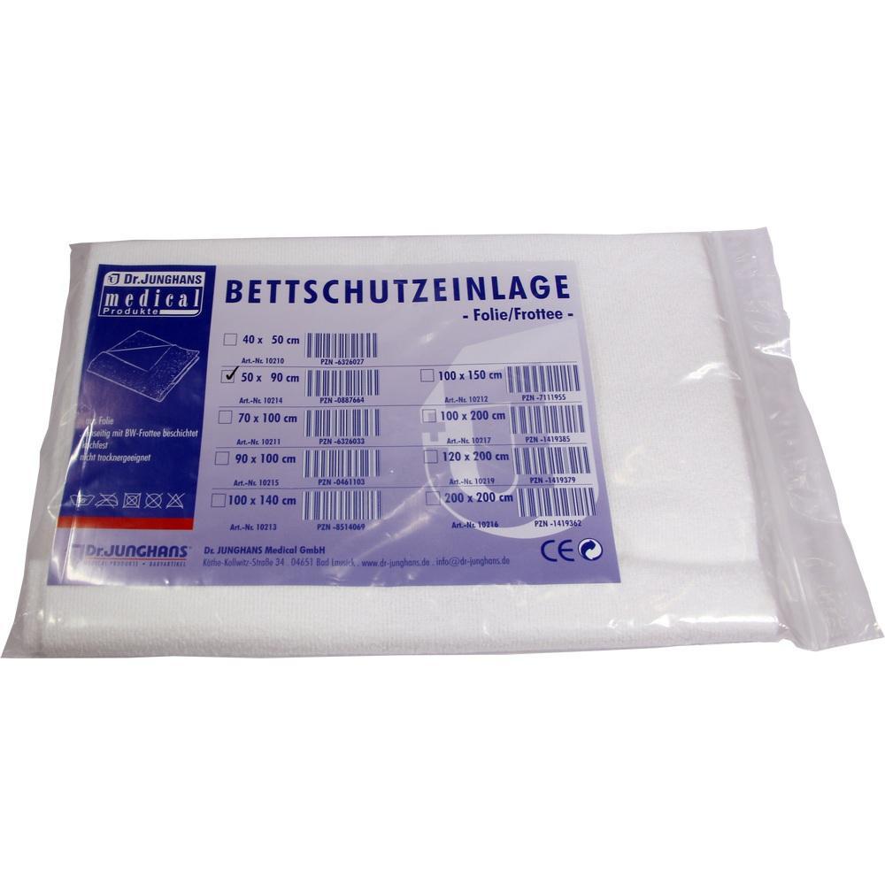 Verpackte Bettschutzauflage aus Folie und Frottee mit Größenangaben.