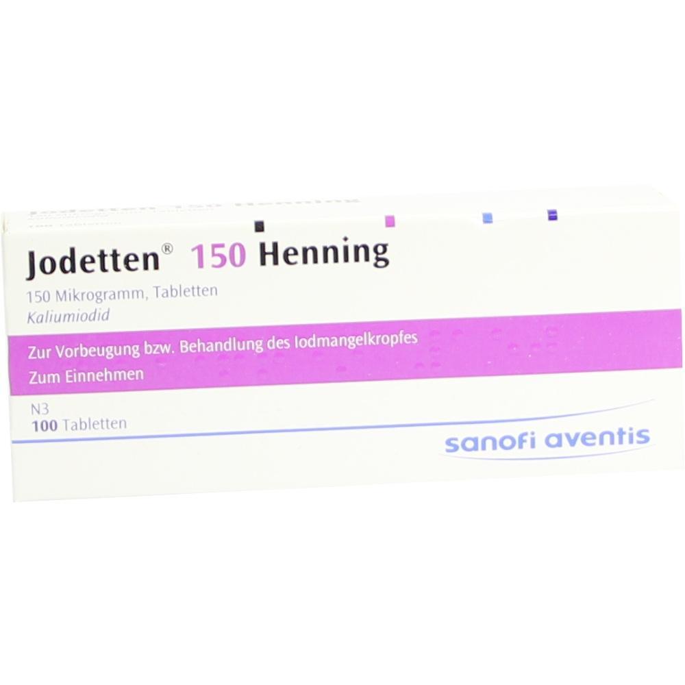 Eine Packung mit 100 Jodtabletten zur Vorbeugung und Behandlung von Jodmangel.