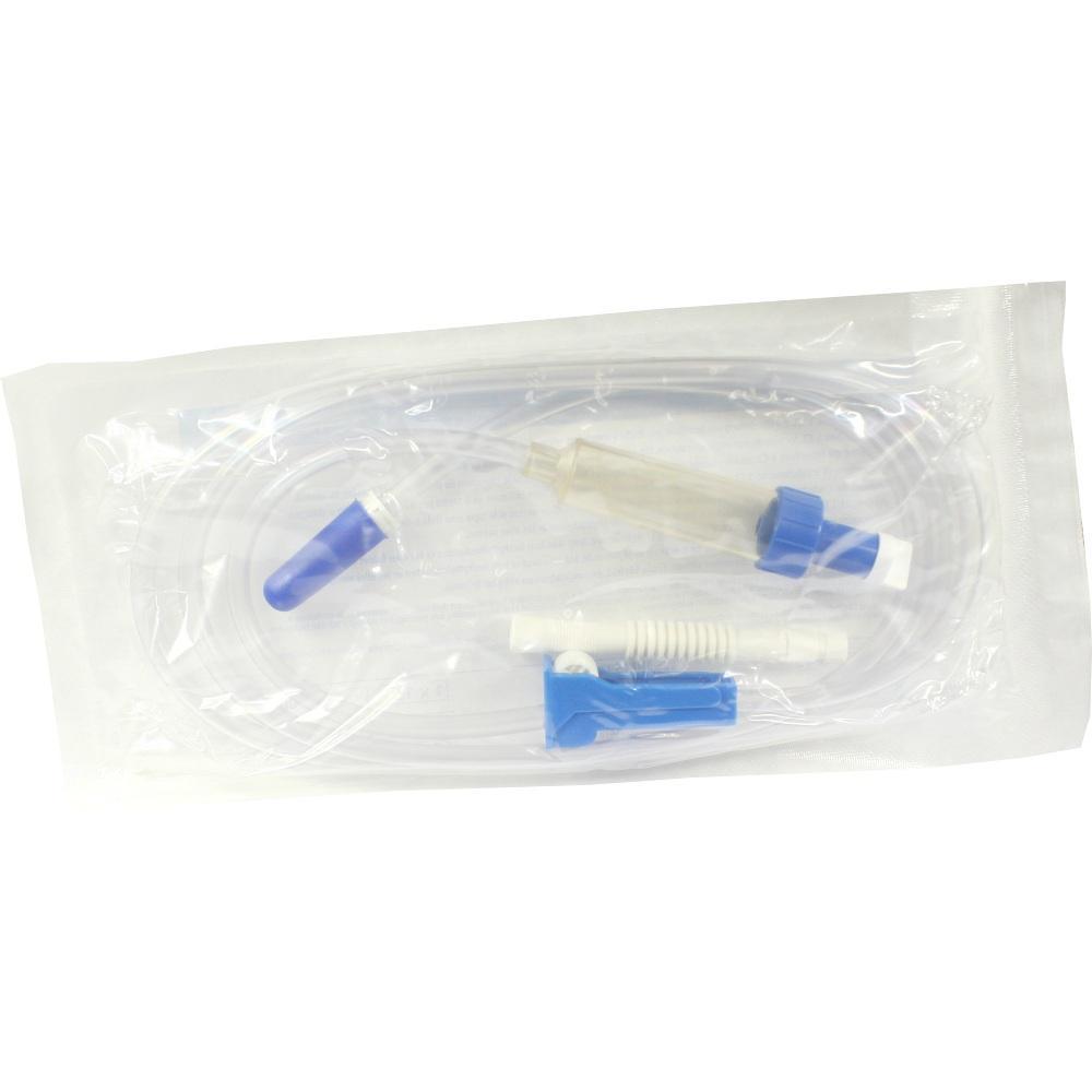 Ein medizinischer Infusionsschlauch in einer Plastikverpackung.