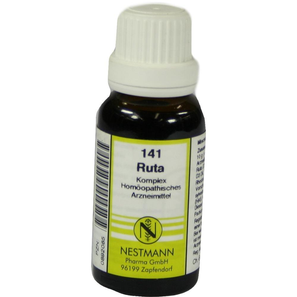 Braunes Fl&auml;schchen mit wei&szlig;em Etikett und der Aufschrift "141 Ruta".