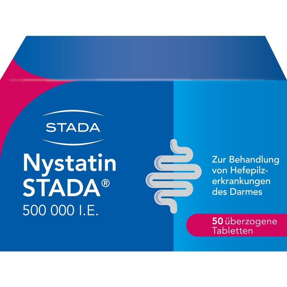 Blaue Medikamentenverpackung für die Behandlung von Hefepilzinfektionen im Darm.