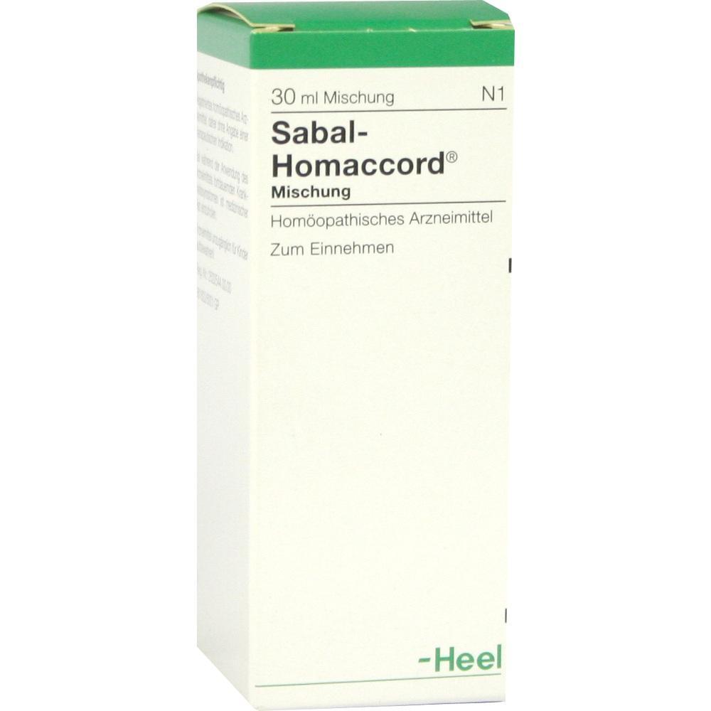 Eine weiße Medikamentenpackung mit grünem Rand und der Aufschrift "Sabal-Homaccord".