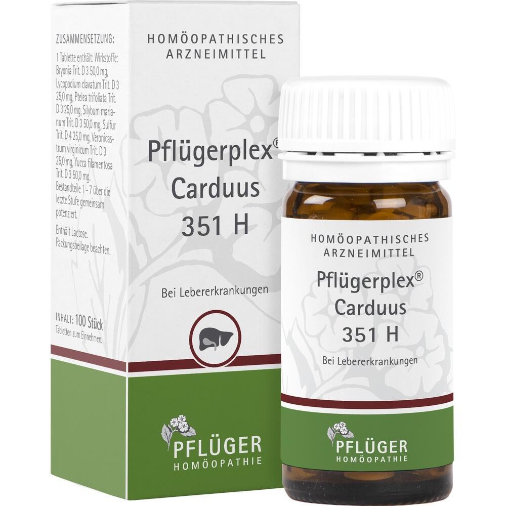 Eine Schachtel und ein Glas Pflügerplex Carduus 351 H, ein homöopathisches Mittel.