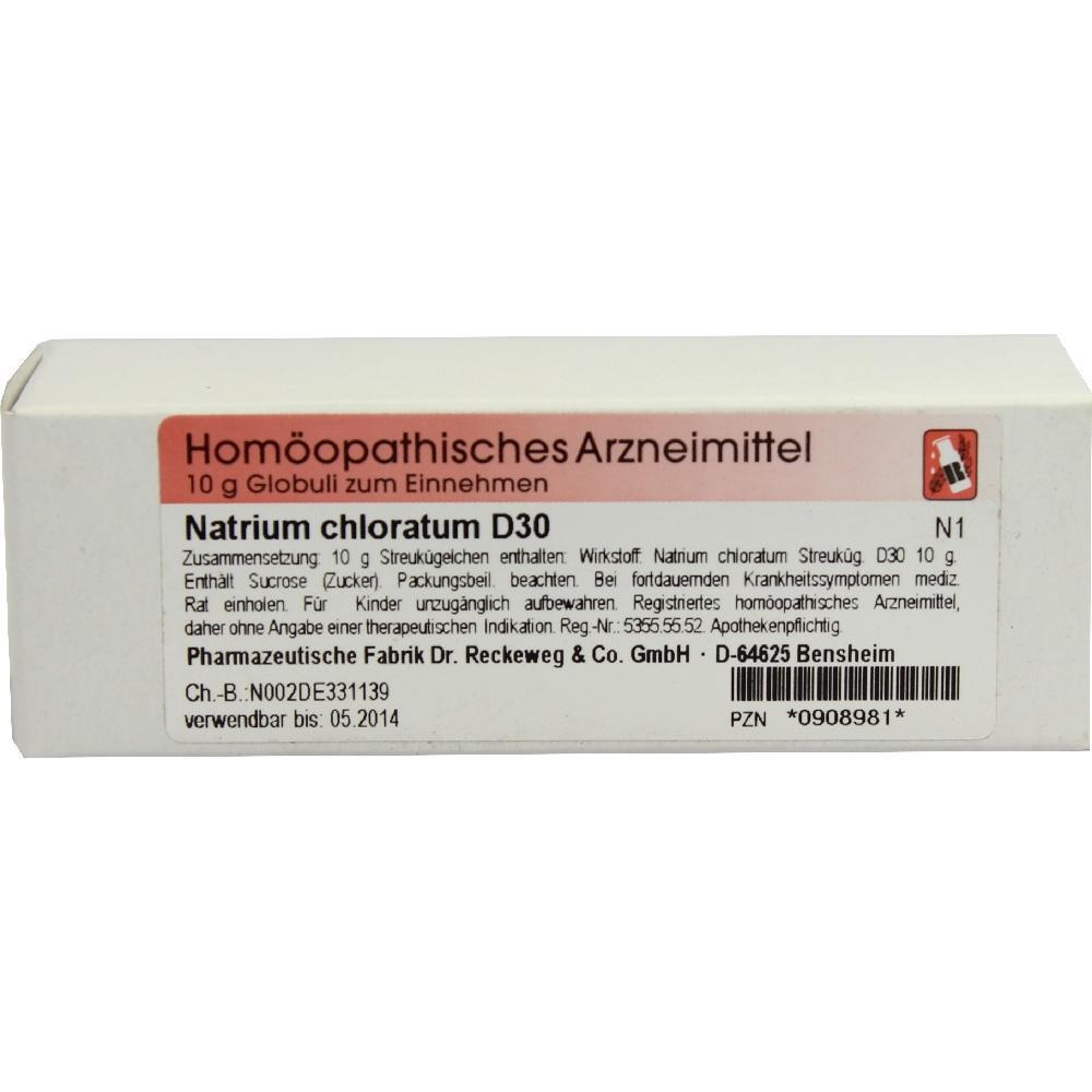 Eine Verpackung von hom&ouml;opathischen Globuli Natrium chloratum D30.