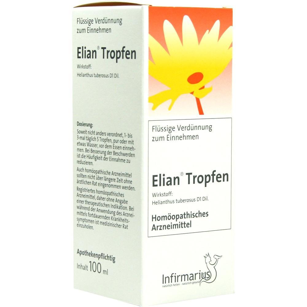 Packung mit Elian-Tropfen, einem homöopathischen Arzneimittel zur Verdünnung.
