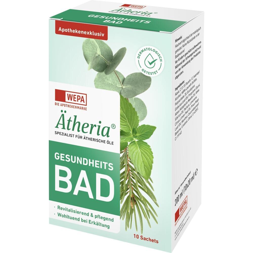 Gr&uuml;ne Packung von &Auml;theria Gesundheitsbad mit Pflanzenbildern.