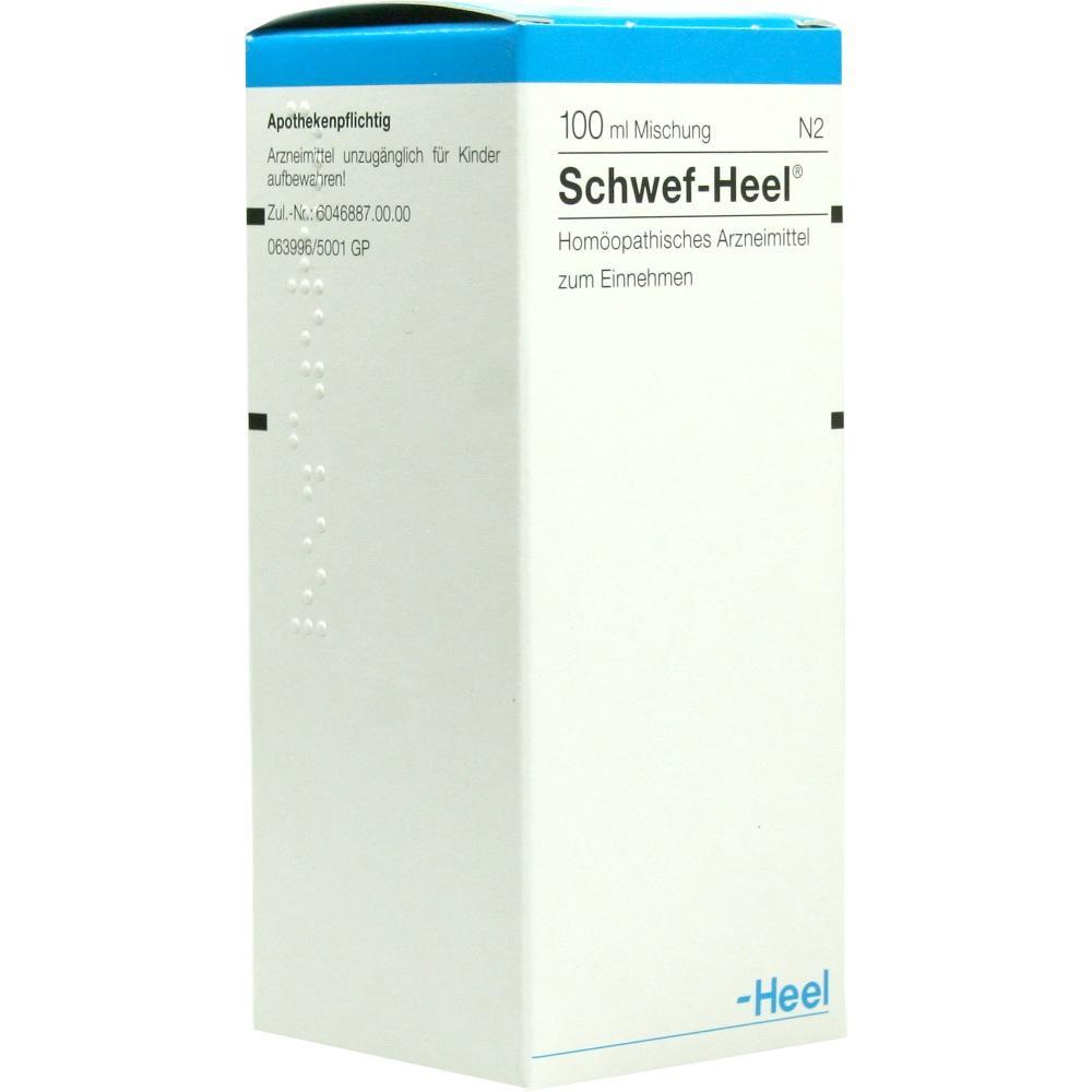 Weiße Arzneimittelverpackung mit der Aufschrift "Schwef-Heel 100 ml Mischung".