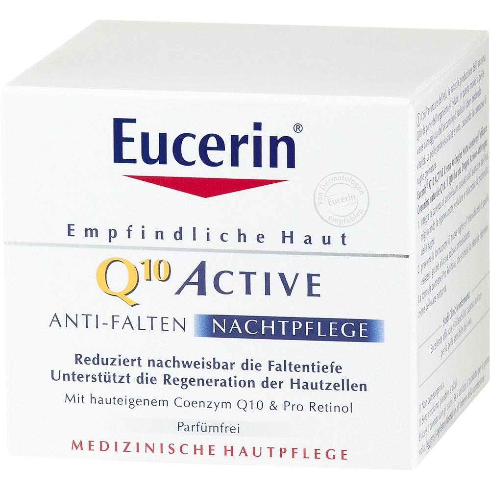 Weiße Schachtel der Eucerin Q10 Active Nachtpflege für empfindliche Haut.