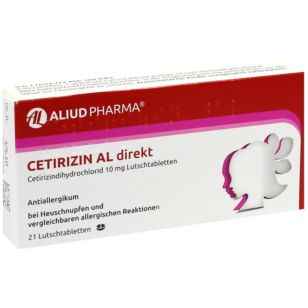 Packung von Cetirizin AL direkt Lutschtabletten gegen Allergien.