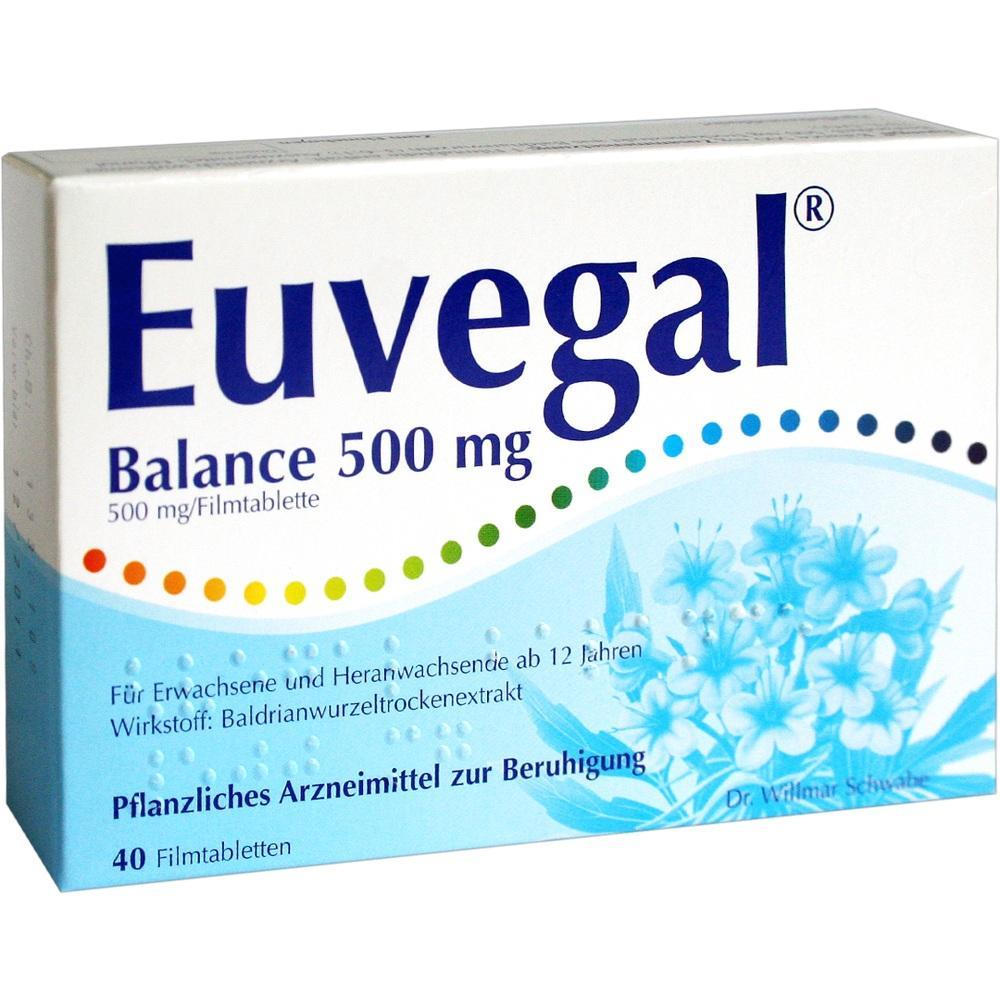 Verpackung von Euvegal Balance 500 mg, ein pflanzliches Beruhigungsmittel.
