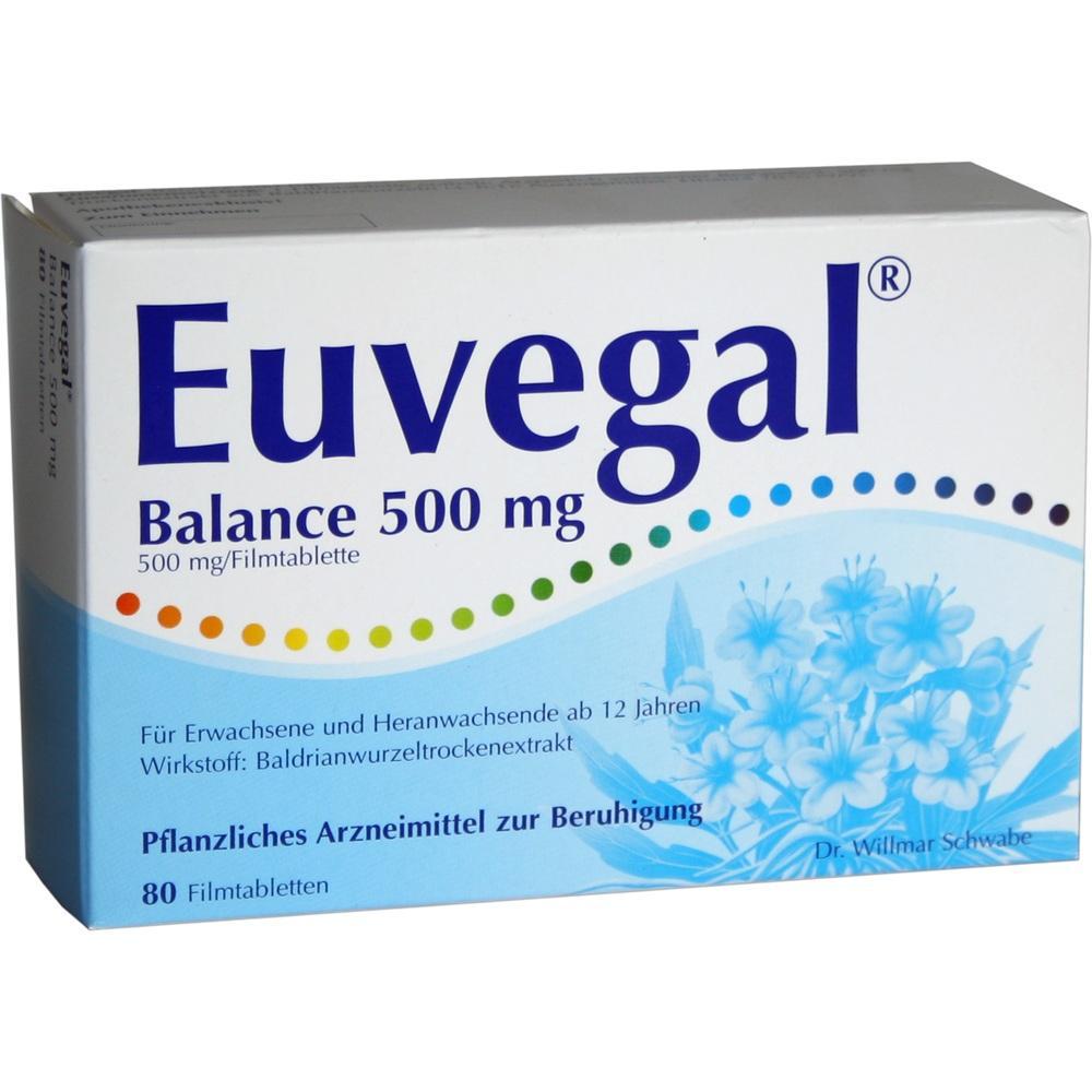 Packung Euvegal Balance 500 mg mit 80 Tabletten zur Beruhigung ab 12 Jahren.