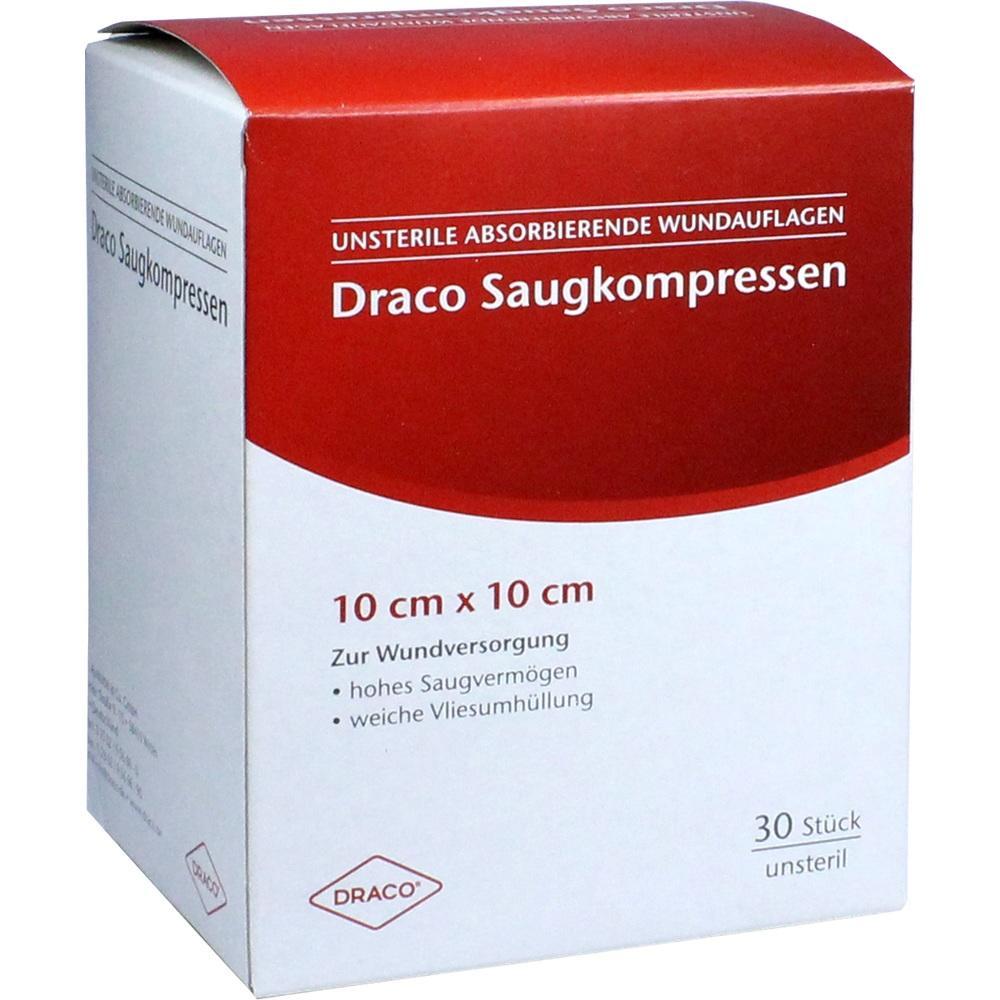 Wei&szlig;e und rote Verpackung f&uuml;r Wundkompressen von Draco, 30 St&uuml;ck, 10 cm x 10 cm.