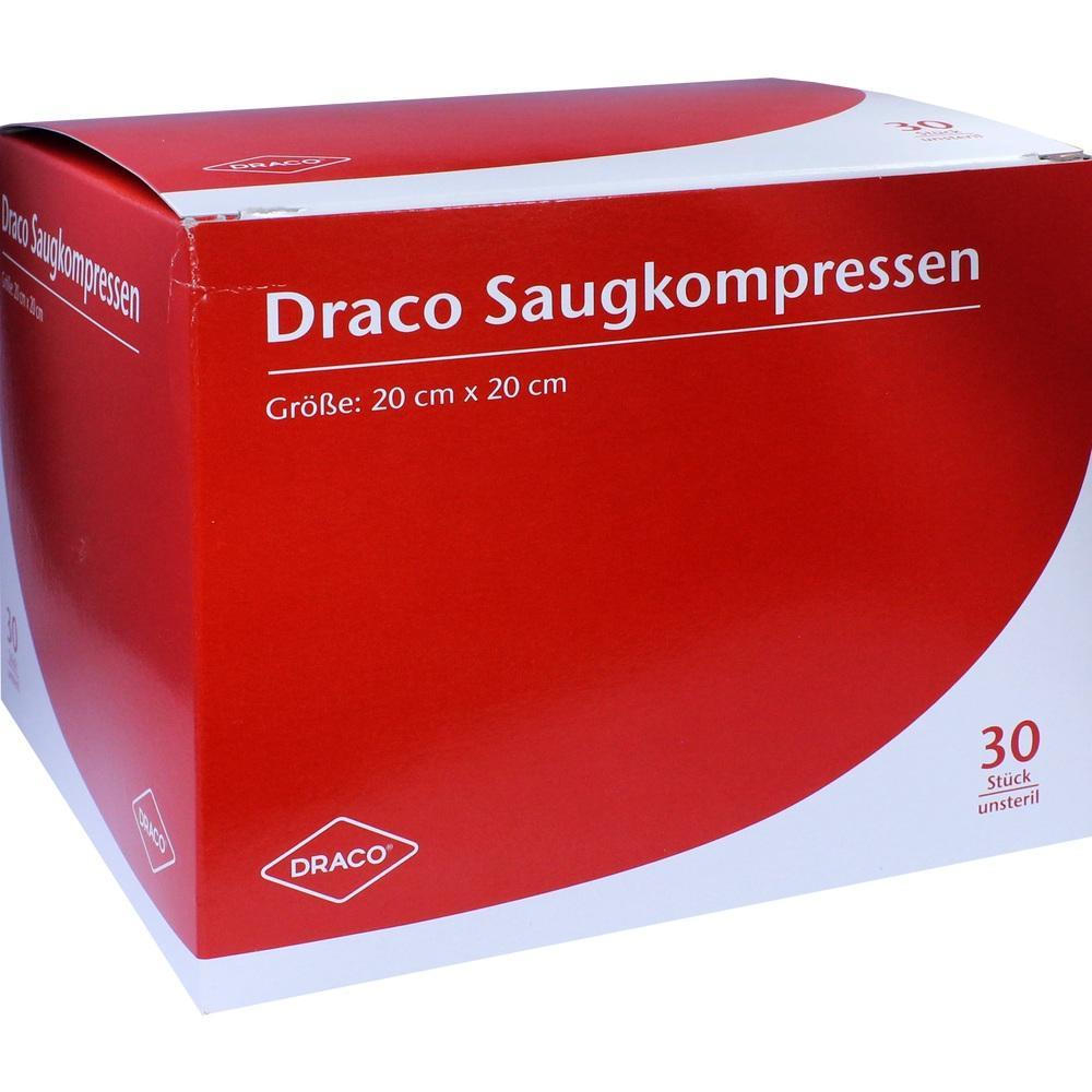 Rote Box mit der Aufschrift "Draco Saugkompressen", Gr&ouml;&szlig;e 20x20 cm, 30 St&uuml;ck.