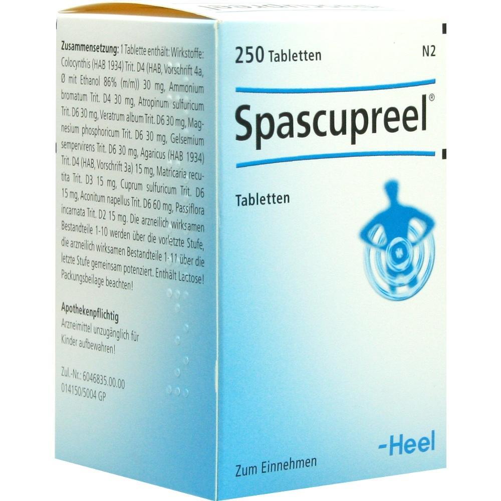 Eine blaue Packung mit 250 Spascupreel Tabletten von Heel.