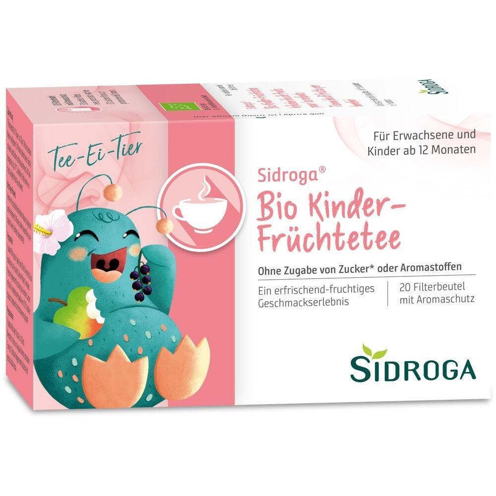 Ein bunter Kinder-Fr&uuml;chtetee von Sidroga in einer rosa Verpackung.
