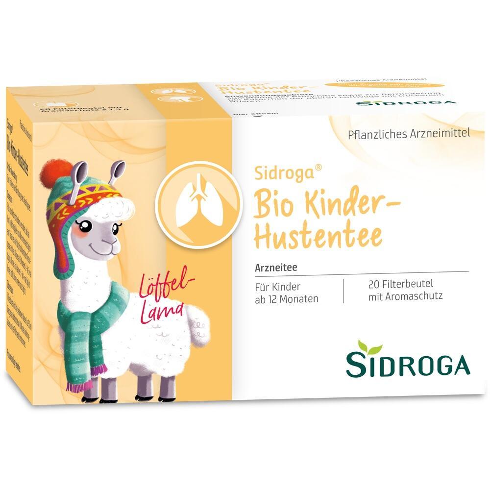 Verpackung von Bio-Kinder-Hustentee mit gezeichnetem Lama im Schal und Mütze.