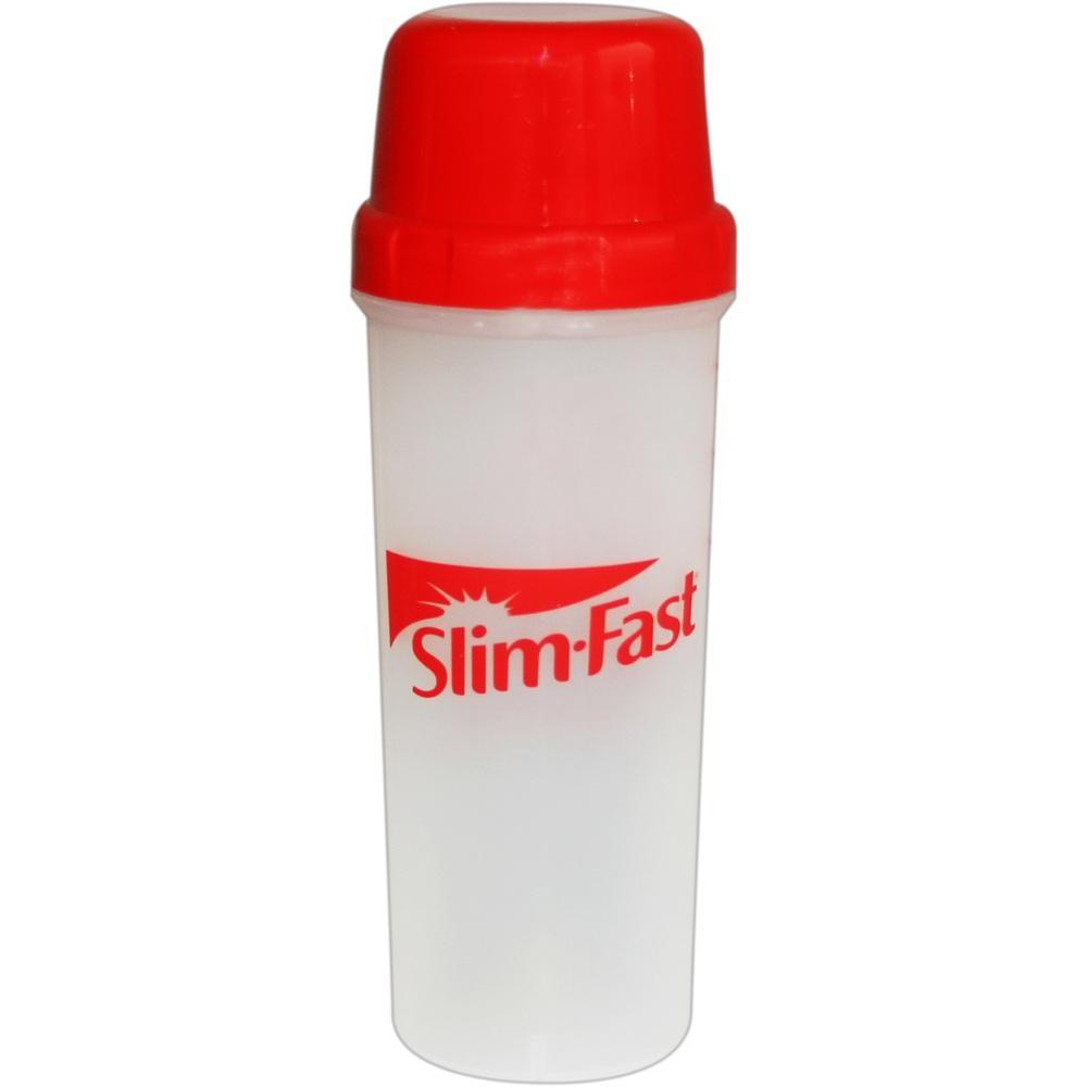 Ein weißer Shaker mit rotem Deckel und Slim-Fast-Logo.