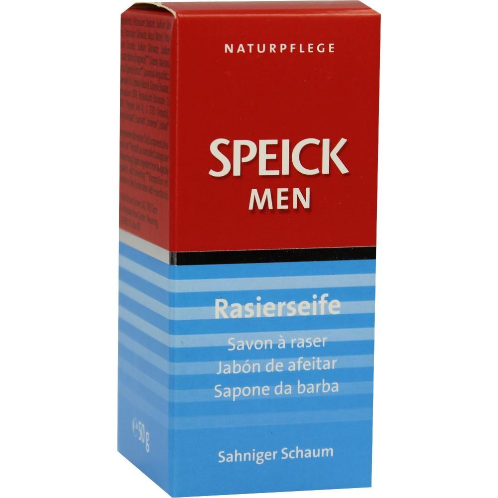 Rote und blaue Verpackung mit der Aufschrift "Speick Men Rasierseife".