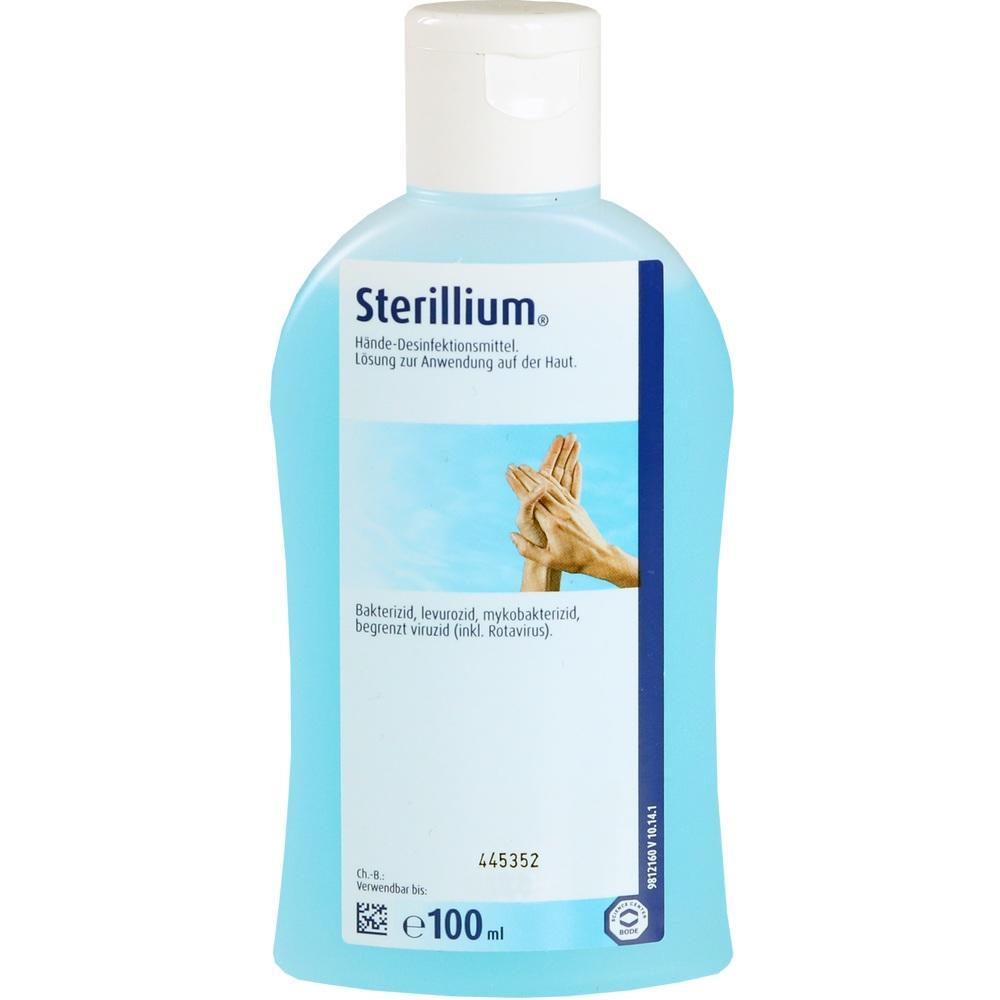 Eine blaue Flasche mit Händedesinfektionsmittel namens Sterillium.