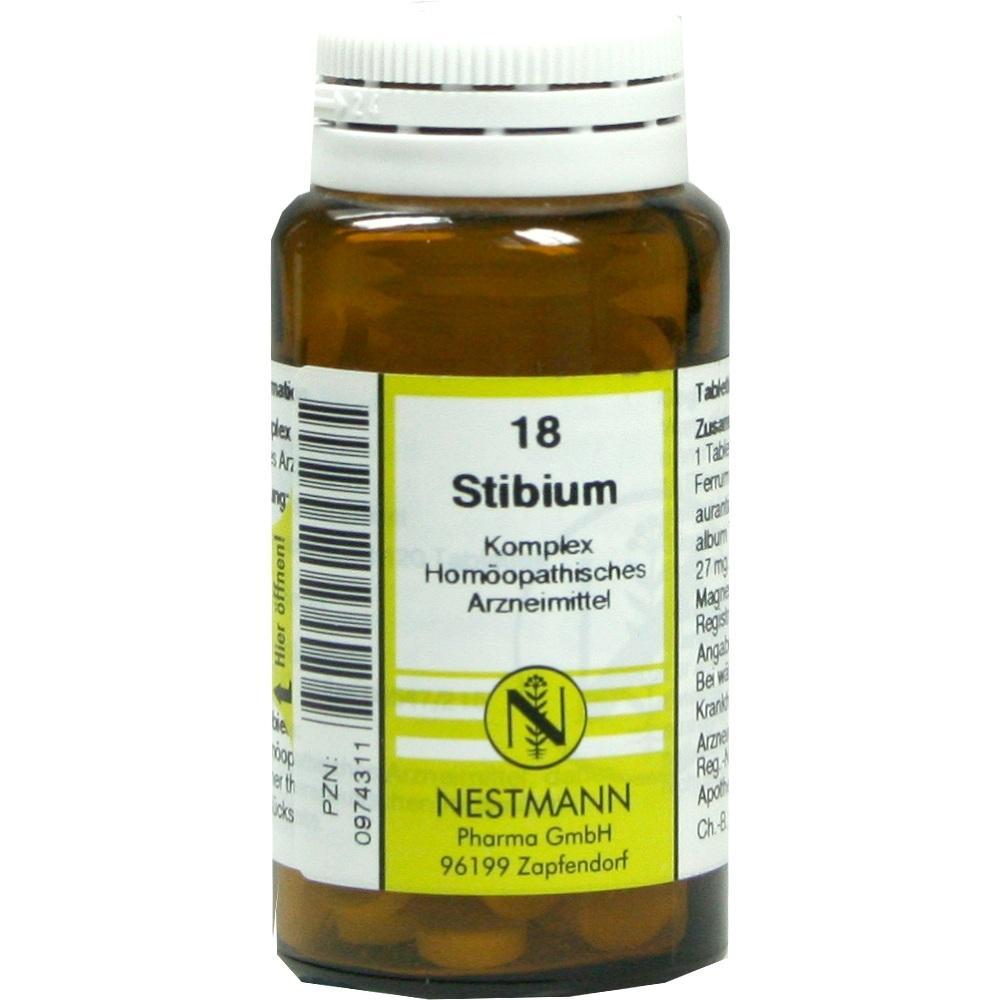 Braune Flasche mit hom&ouml;opathischem Medikament von Nestmann, etikettiert mit "18 Stibium".