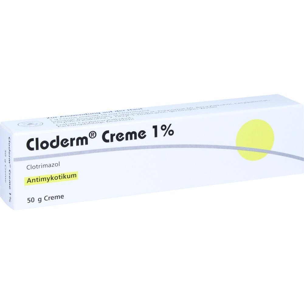 Weiße Verpackung einer Cloderm Creme mit gelbem Kreis.