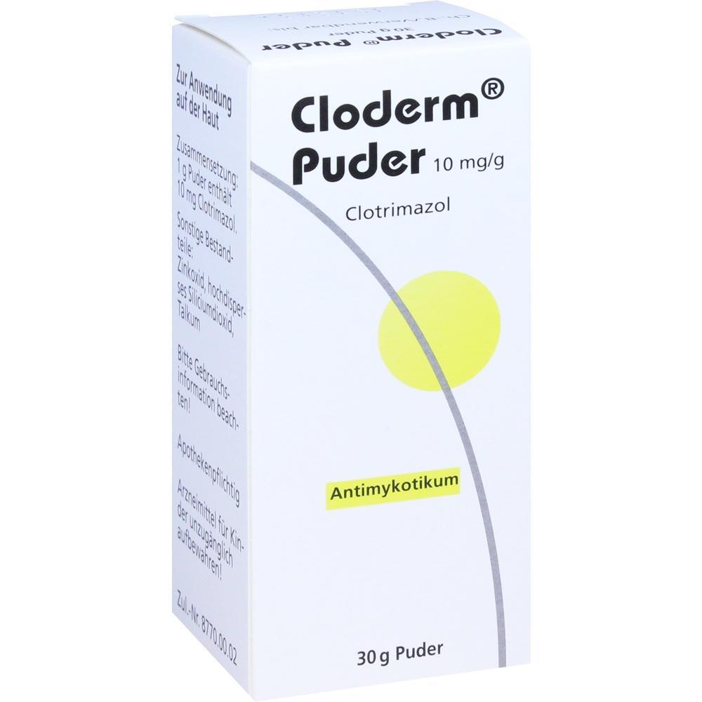 Weiße Packung mit der Aufschrift "Cloderm Puder" und gelbem Kreis.
